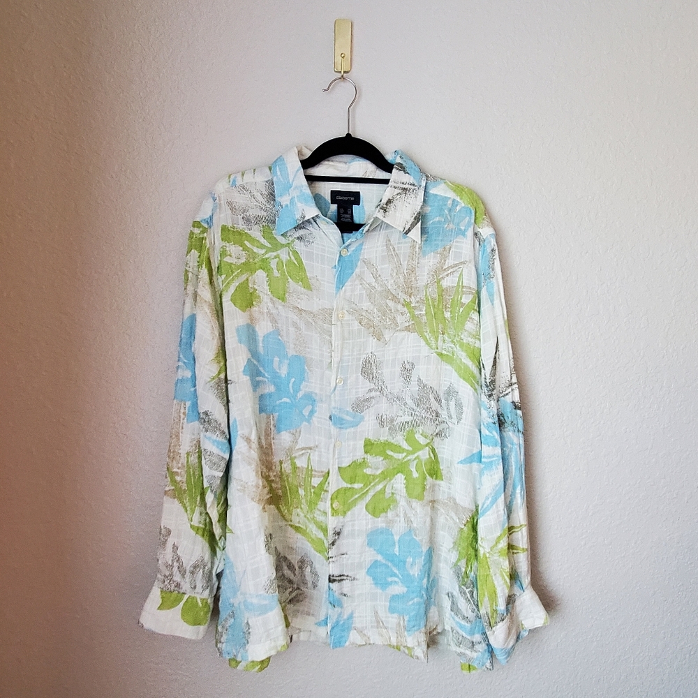 Claiborne | Botanical Print Linen Blend Button Down Shirt | Size XXL